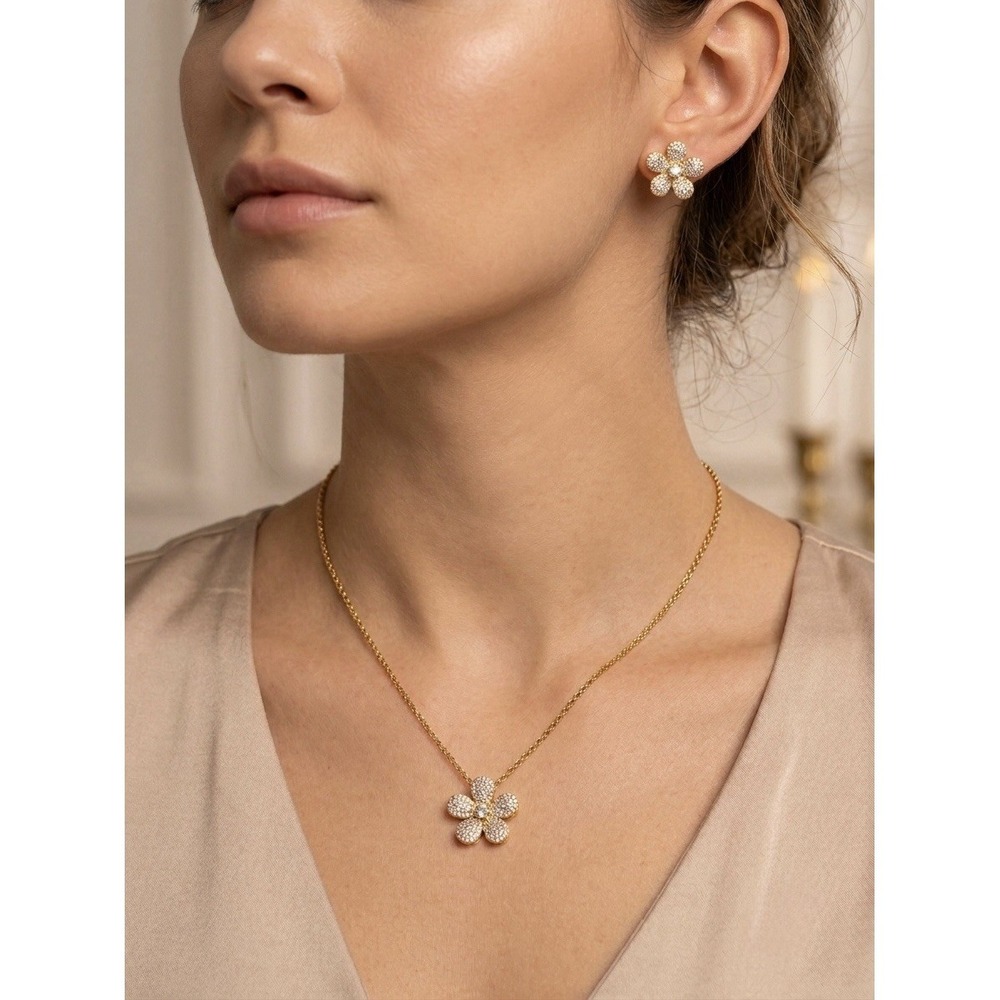 Set Chain Earring Womens Flower Necklace 14K Gold Plated XP Oro Laminado